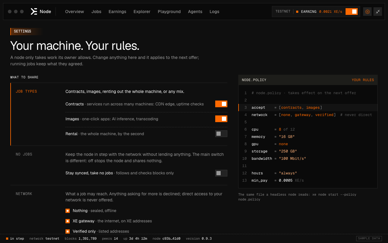 Settings, headed Your machine. Your rules: which kinds of job to take, what a job may reach on the network, and beside them the node.policy file those choices write.