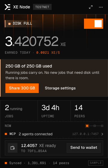 The menu-bar view with a warning in amber: 250 GB of 250 GB used, running jobs carry on, with a button to share more disk.