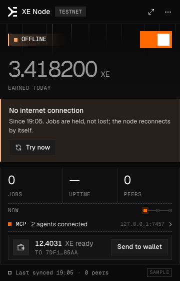 Error: no internet connection, jobs are held, with a Try now button.