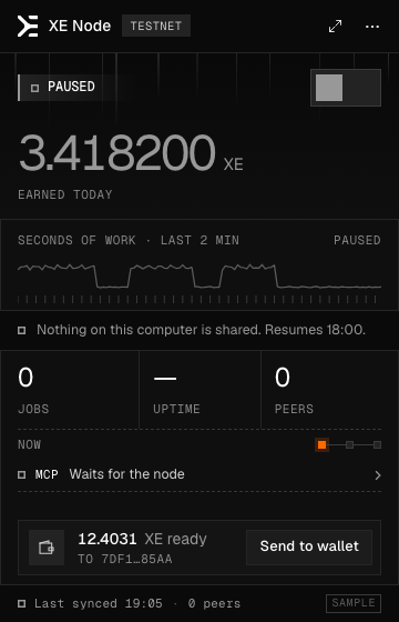 The menu-bar view when paused: the switch off, and the line Nothing on this computer is shared.