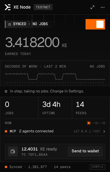 Synced, no jobs: in step with the network, taking no jobs.
