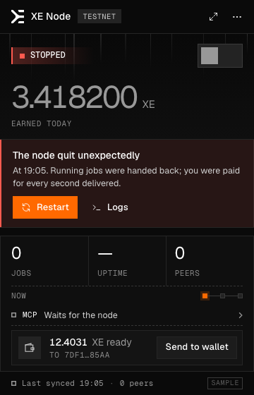 The menu-bar view with an error in red: The node quit unexpectedly, with a Restart button and a link to the logs.