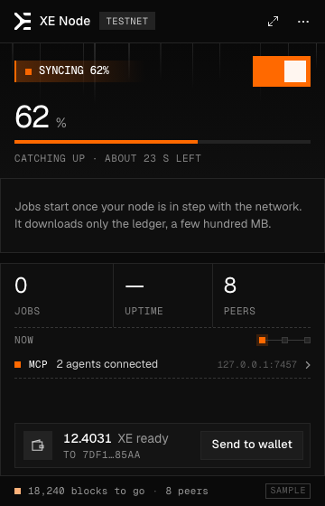 The menu-bar view while syncing: 62 percent, about 23 seconds left, and a note that jobs start once the node is in step with the network.