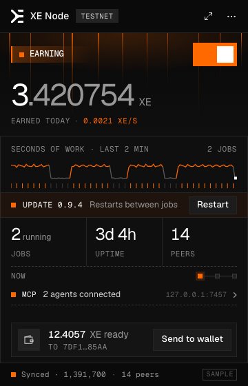Update available: a notice that version 0.9.4 restarts between jobs, while the node keeps earning.